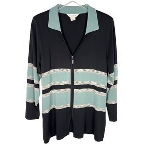Misook Women's Full Zip Cardigan L Black Green Collared Long Sleeve Knit Cozy